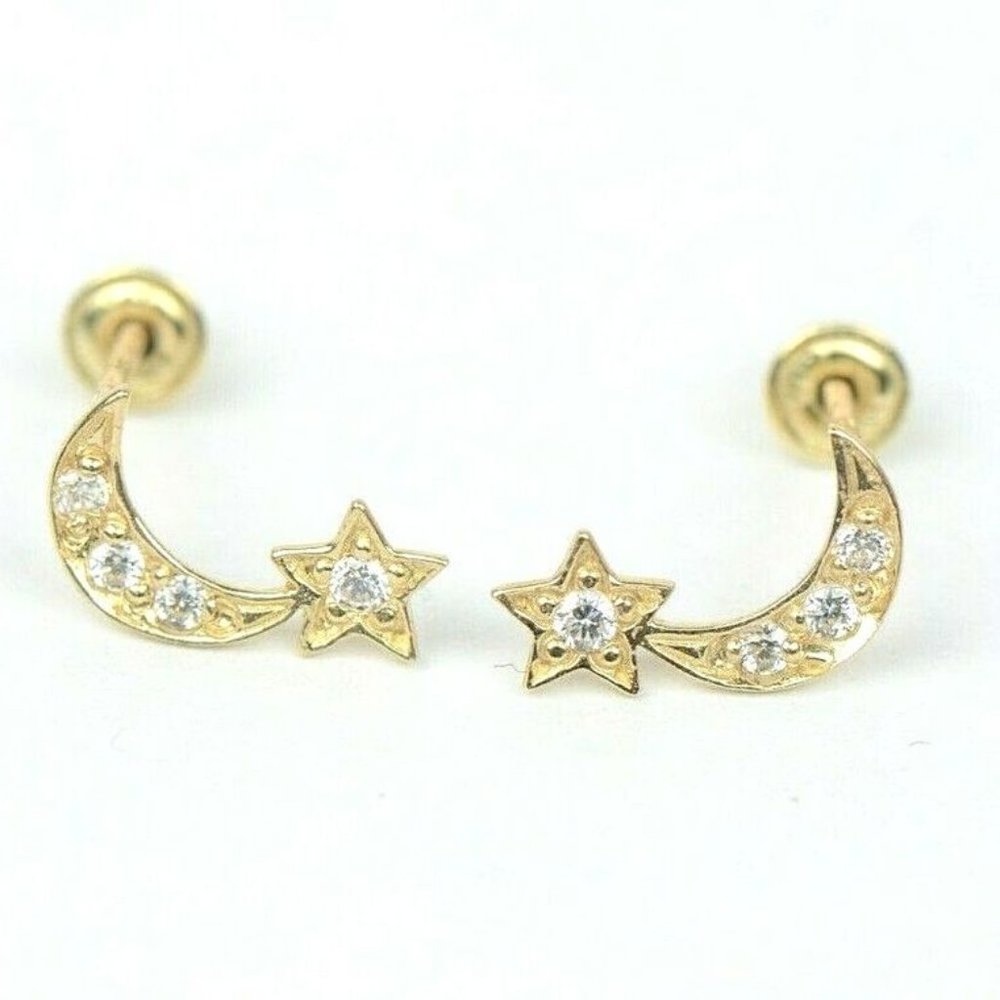 14k Solid Gold Moon and Star Screw back Stud Earrings with Sparkly White Stones